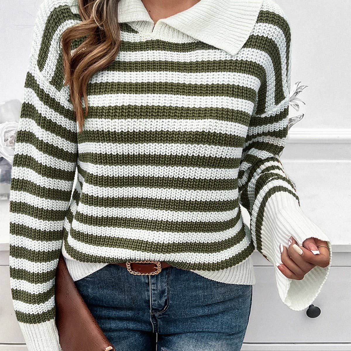 Casual baggy lapel striped long-sleeved sweater