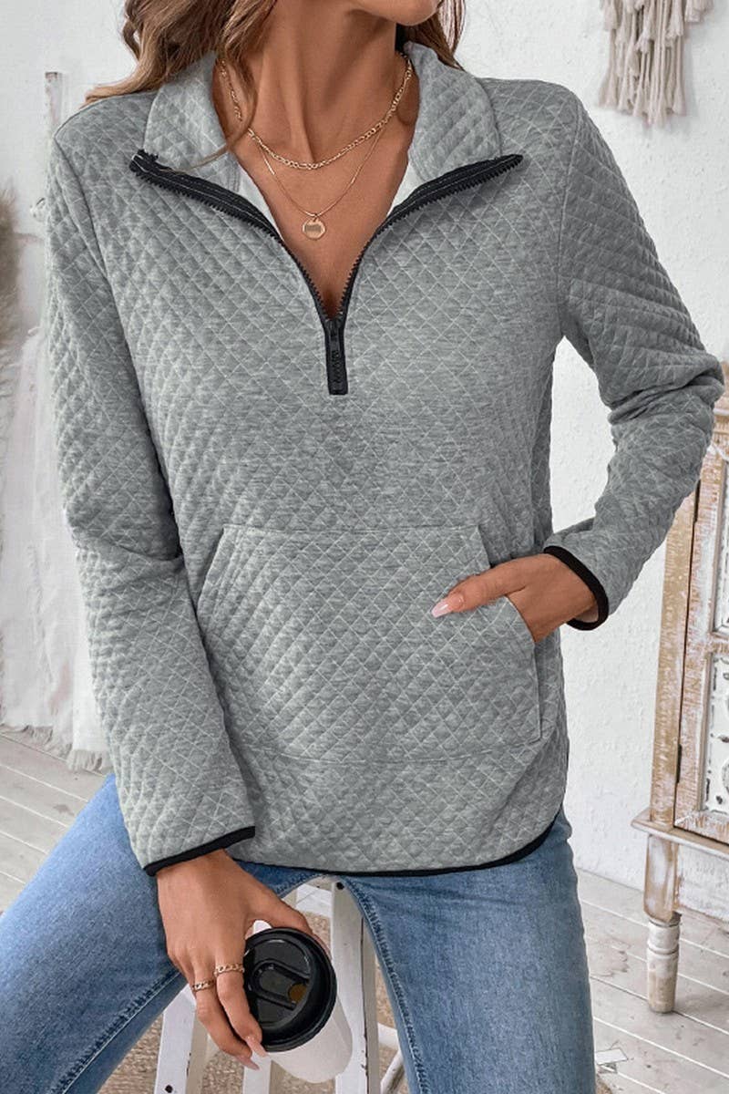 CWTBLL2309_WAFFLE V-NECK ZIP UP HALFOPEN PULLOVER SWEATSHIRT