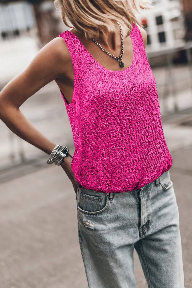 CWTBLSL0795_SEQUINED U-NECK SLEEVELESS BACKLESS TANK TOP