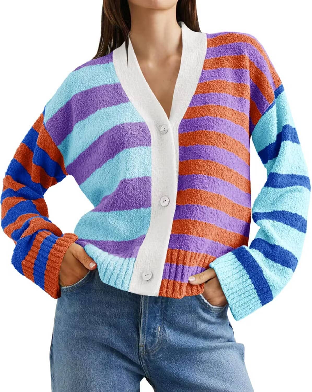 COLOR MATCHING STRIPED PLUSH LOOSE KNIT COAT