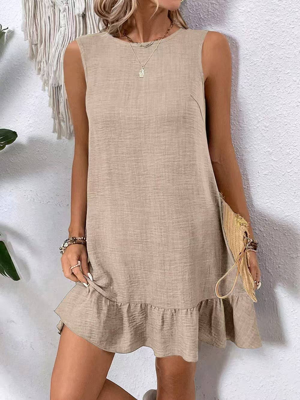 Casual tank solid color dress with lace ruffles