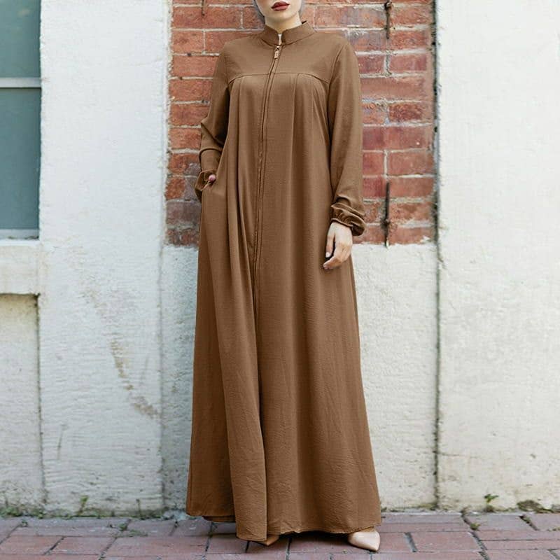 ARABIC STYLE STAND-UP COLLAR ZIPPER RELAXED DRESS
