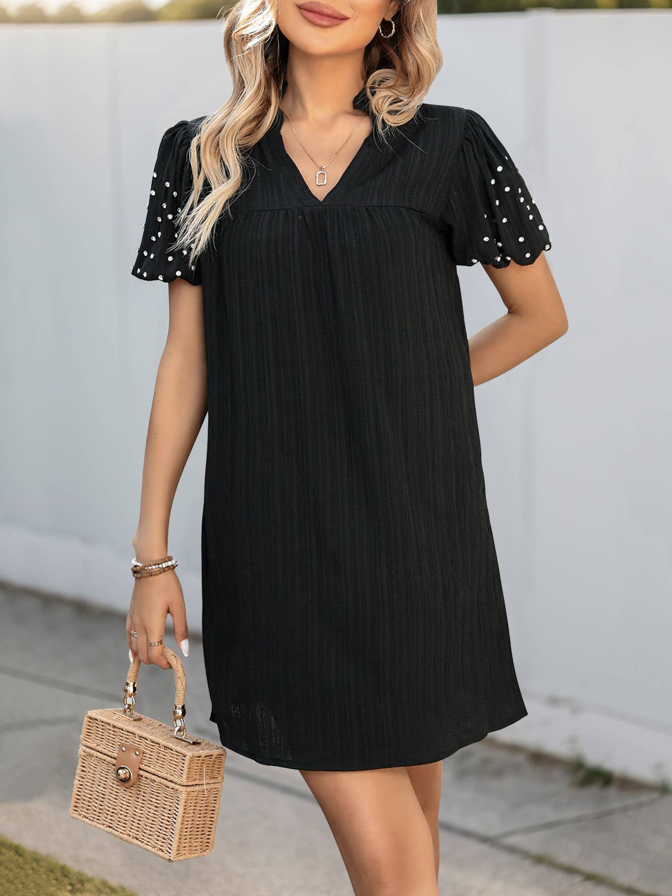 Beaded lantern sleeve fashion simple dress