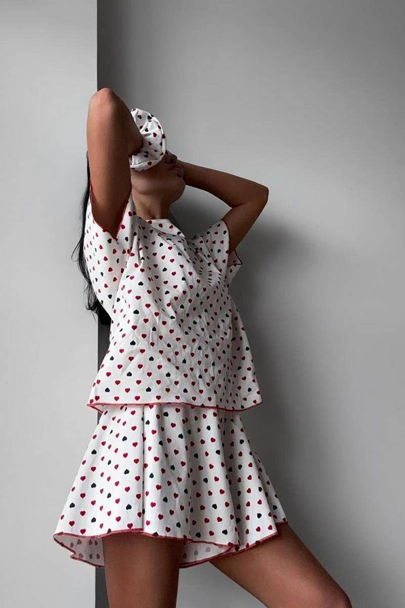 CWSPJ0381_KNITTED HEART PRINT PAJAMAS TWO-PIECE SET