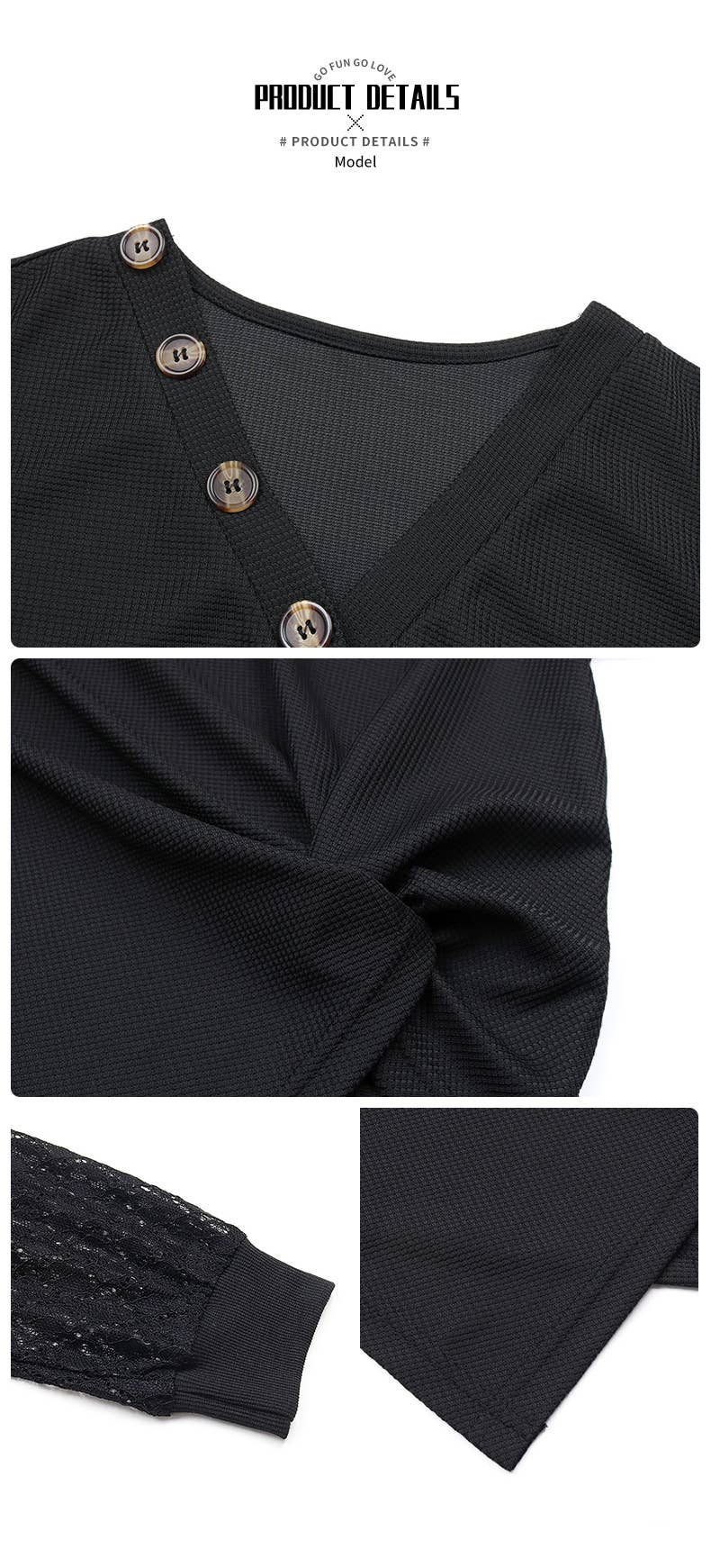 BUTTON V-NECK T-SHIRT LACE PATCHWORK KNIT TOP