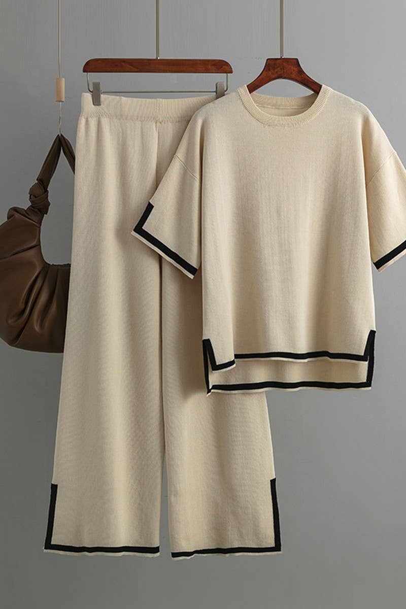 CWSTB00422_COLORBLOCK KNIT TOP & HIGH WAIST WIDE LEG SET