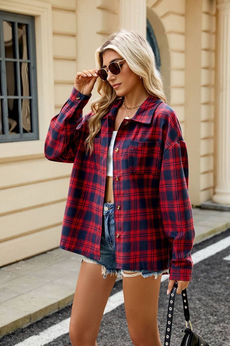 CWOCO0473_LAPEL PLAID CONTRAST LONG SLEEVE SHIRT COAT