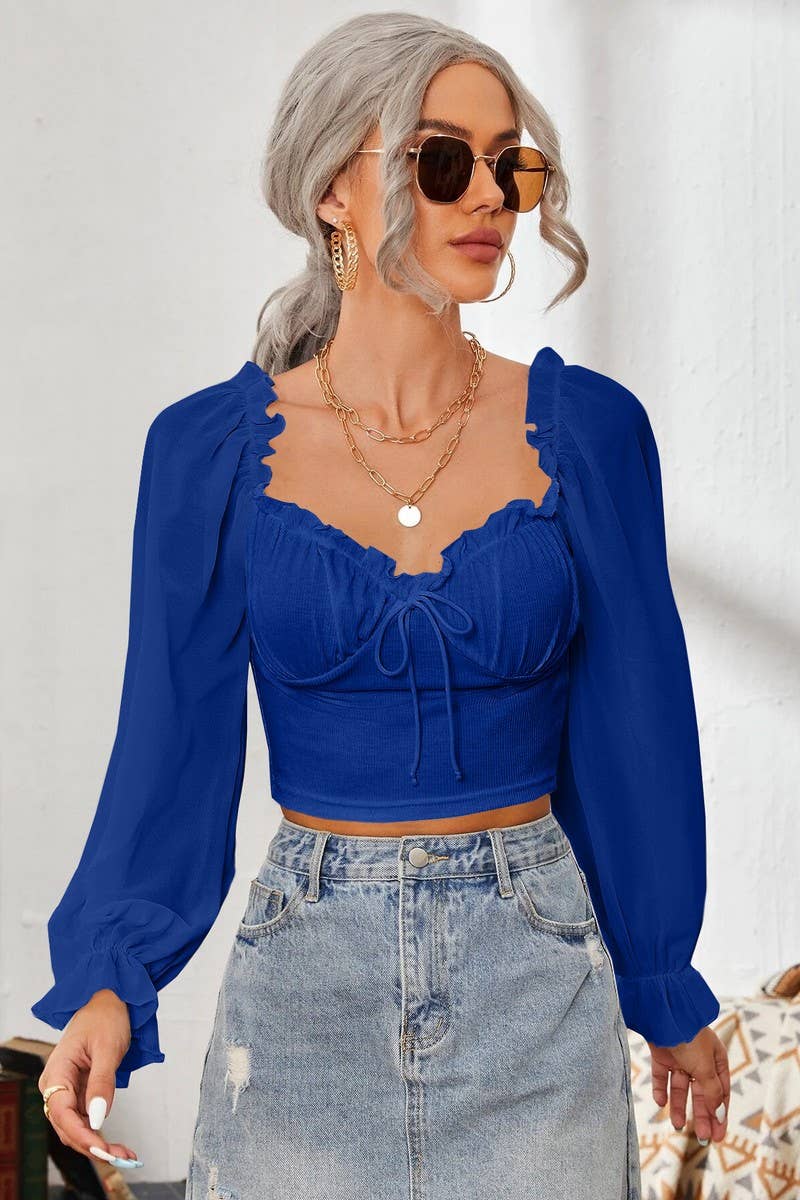 CWTBLL2261_SQUARE COLLAR RUFFLED LONG SLEEVE SHORT TOP