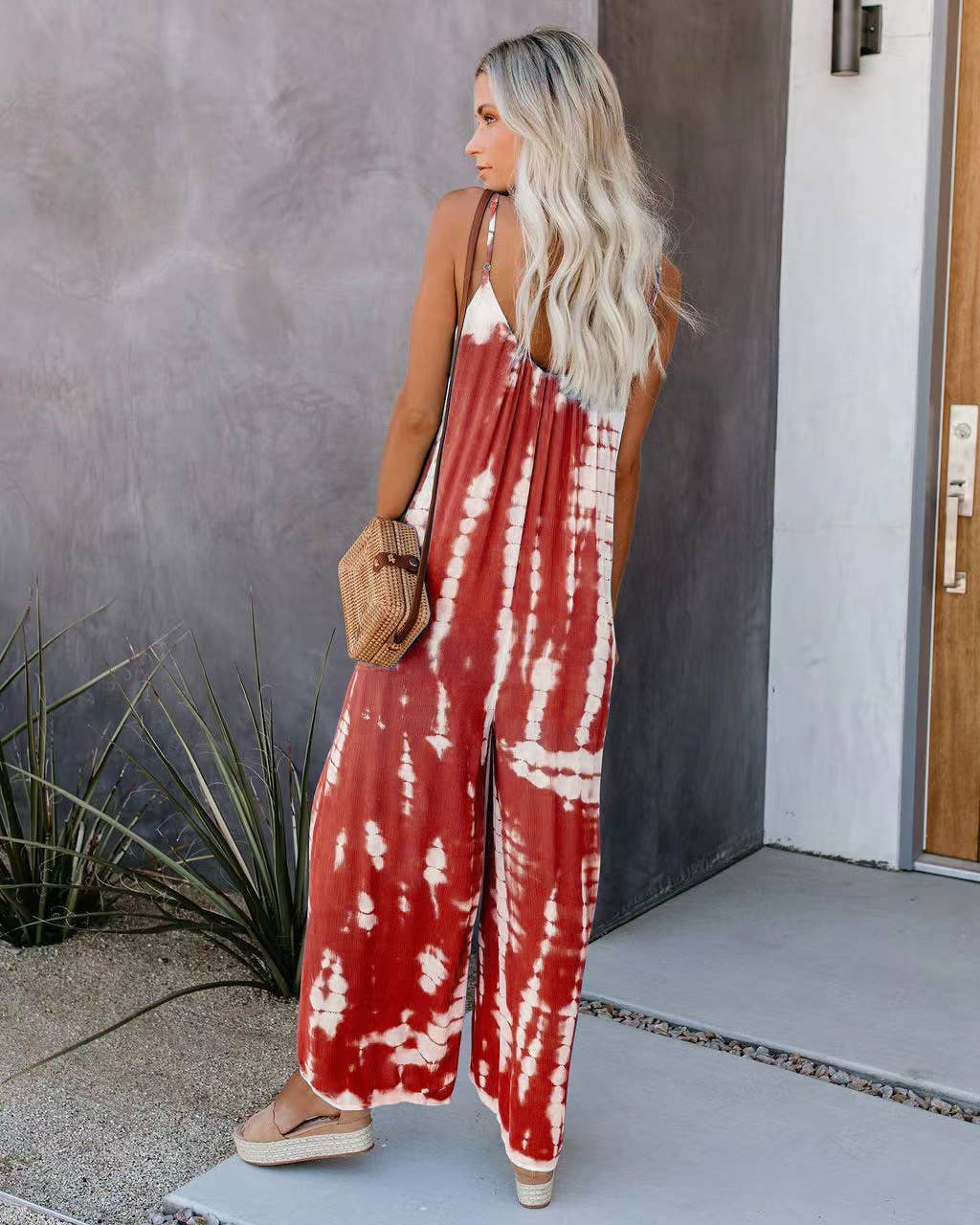 Abstract printed strappy sexy wide-leg jumpsuit