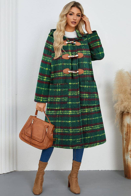 CWOCO0940_HORN BUTTON PLAID HOODED WOOLEN LONG COAT