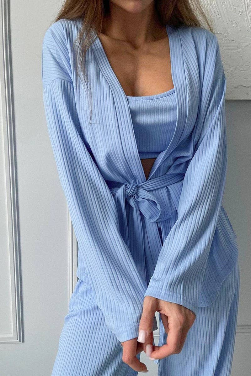 CWSPJ0260_BLUE KNITTED ROBE HOME THREE-PIECE SET