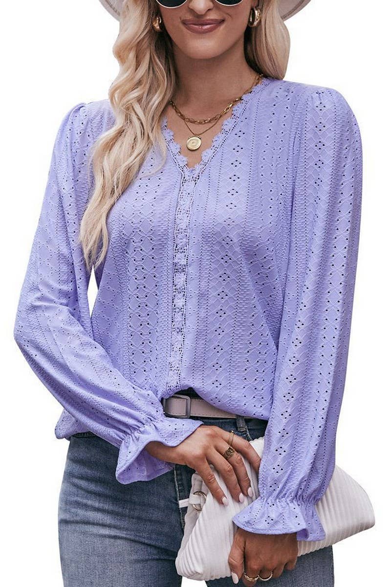 CWTBLL3761_SOLID COLOR RIPPED LACE V-NECK LONG-SLEEVED T-SHI