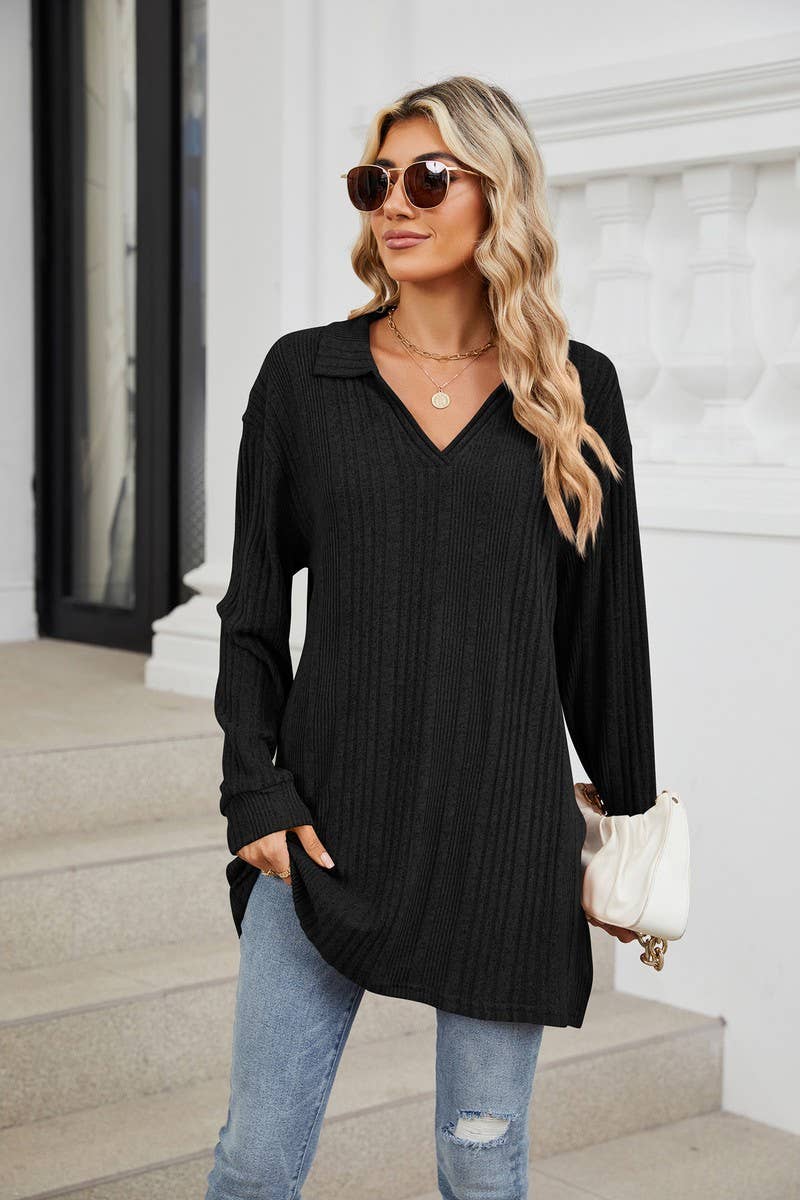CWTBLL3668_FLIP COLLAR SLIT LONG SLEEVED LOOSE T-SHIRT TOP