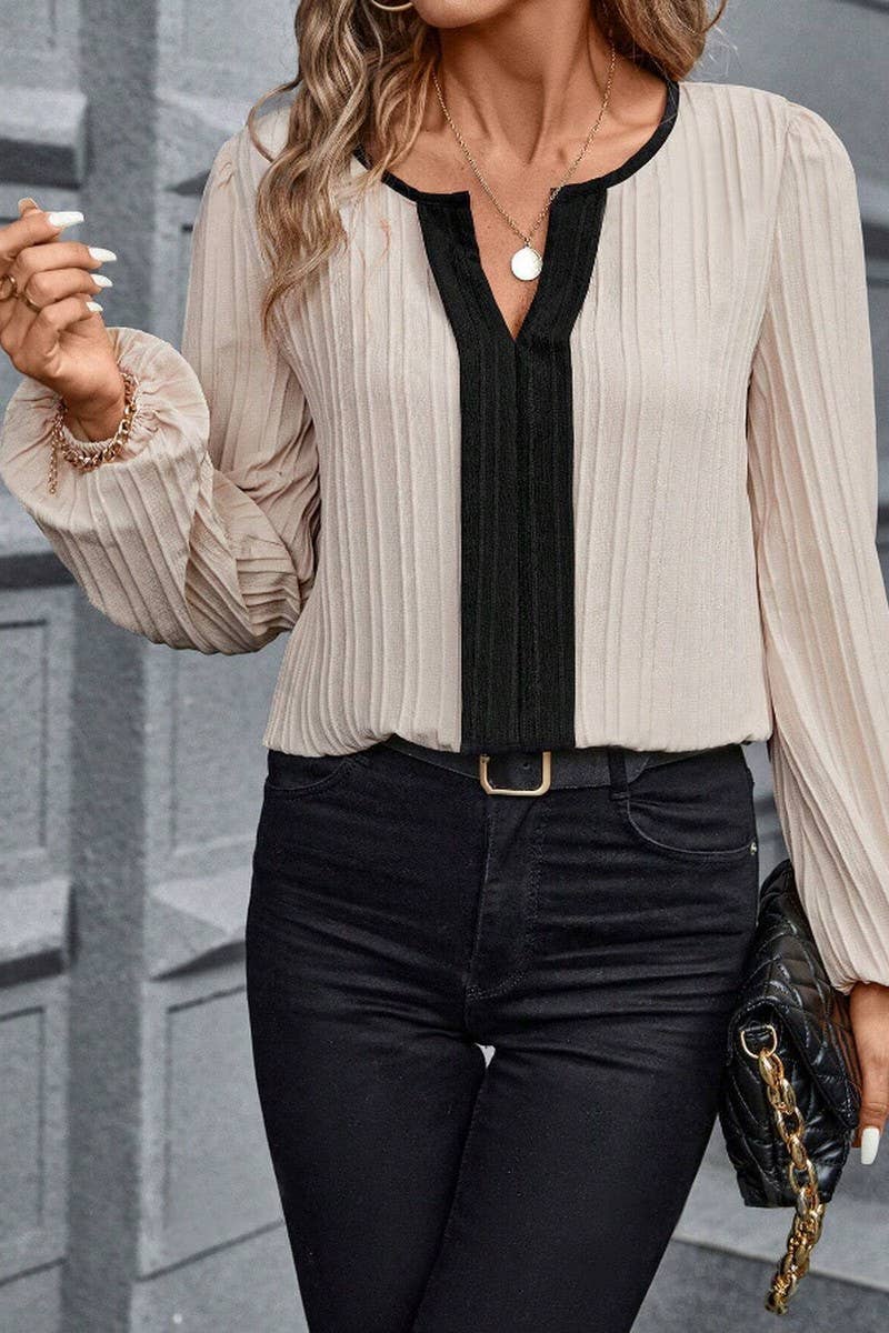 CWTBLL4007_COLORBLOCK V-NECK PUFF SLEEVE LONG SLEEVE SHIRT