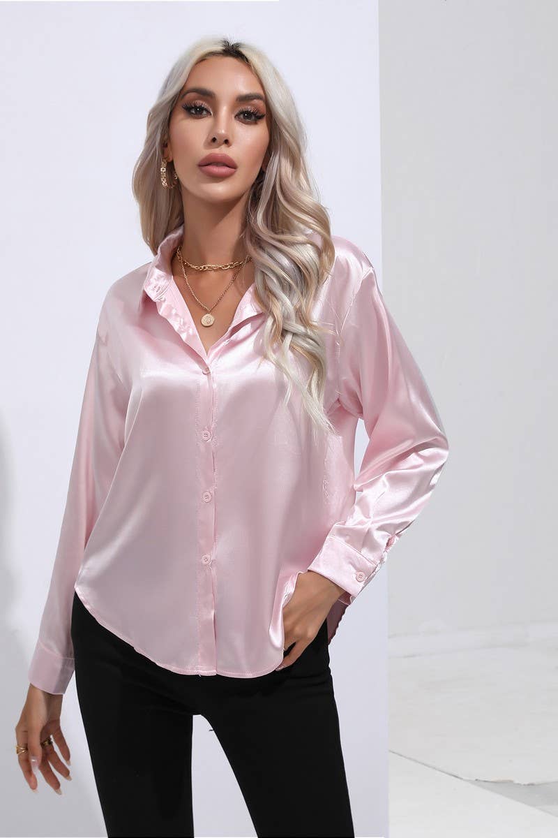 CWTBLL0690_Button Down Silky Satin Long Sleeve Top