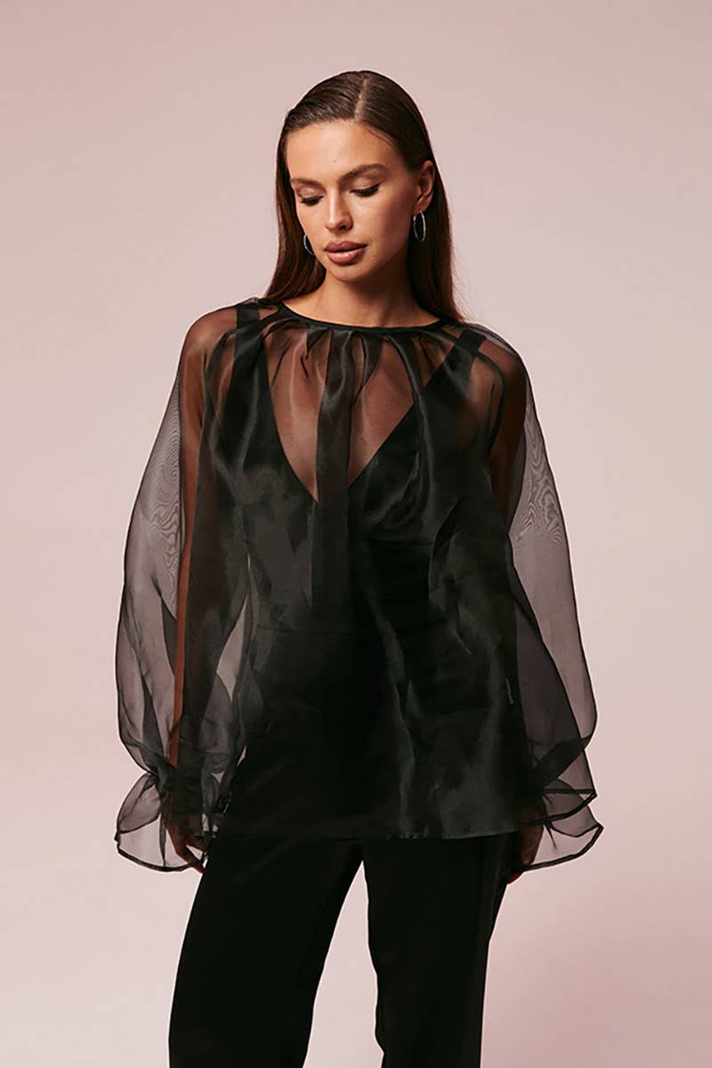 CWTBLL541_BLACK MESH SEE-THROUGH LONG-SLEEVED SHIRT BLOUSE