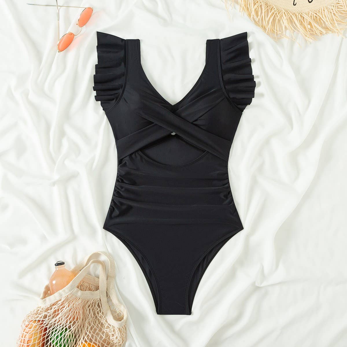 RUFFLED SMALL FLYING SLEEVE TUMMY CONTROL SWIMSUIT