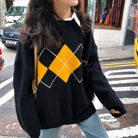 DIAMOND CHECK LOOSE STYLISH SLIMMING SWEATER