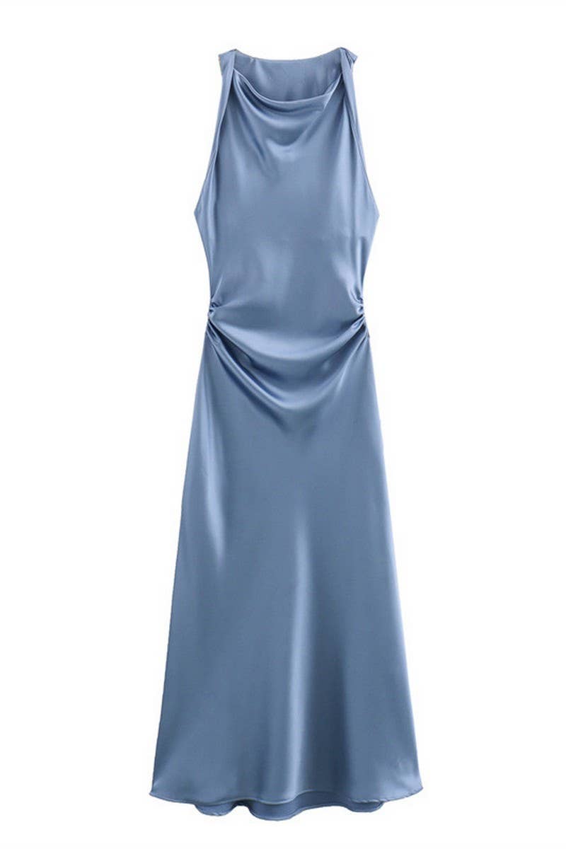 CWDMD4173_ROUND NECK SLEEVELESS BLACK SATIN DRESS