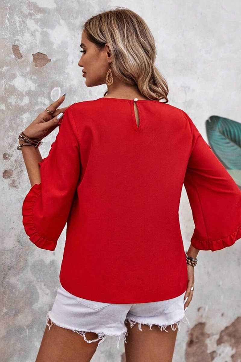 CWTBLS2263_LACE TRIM CREW NECK 3/4 SLEEVE ASYMMETRICAL TOP