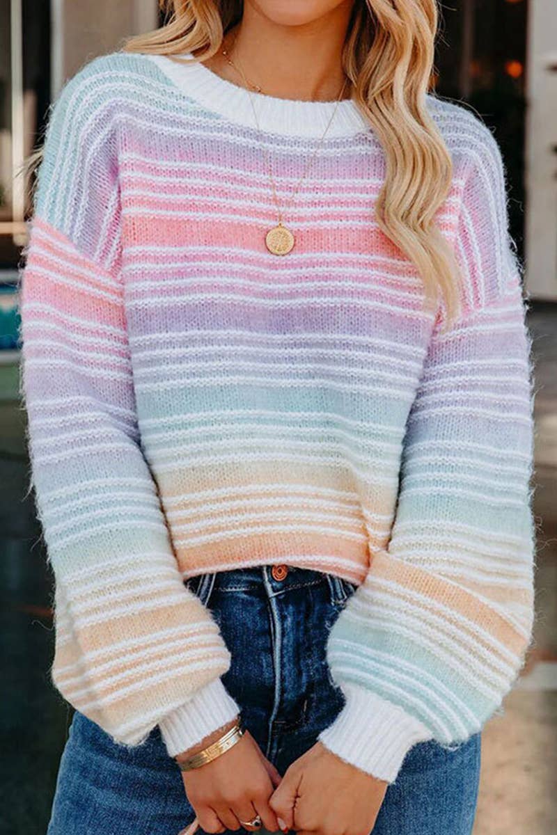 BAGGY, LONG-SLEEVED RAINBOW STRIPED SWEATER