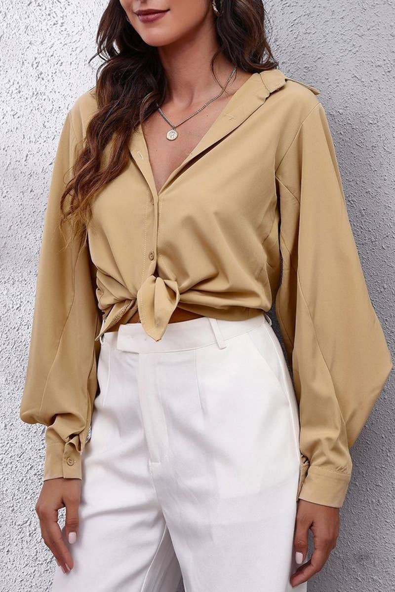 CWTBLL3758_SOLID COLOR LAPEL LANTERN SLEEVE CHIFFON SHIRT