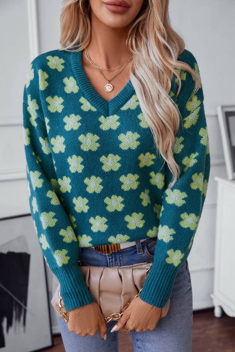 CWOSWL2806_FLORAL JACQUARD V-NECK PULLOVER SWEATER