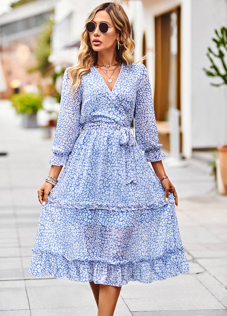 Elegant V-neck seven-point sleeve lace-up dress