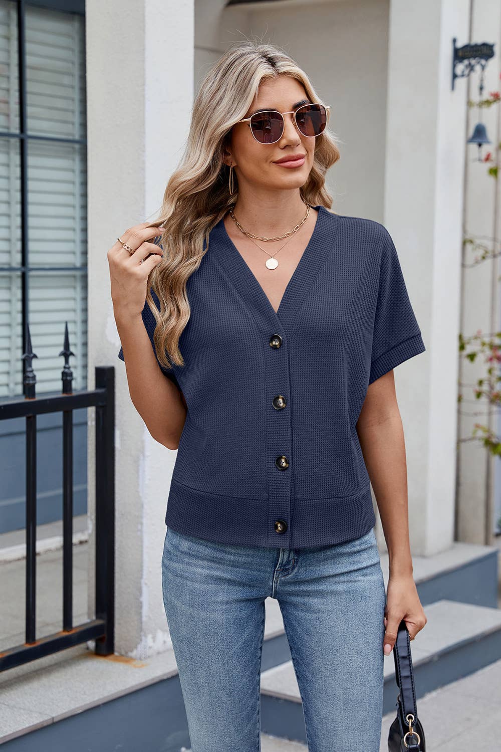 Casual V-neck knitted short-sleeved cardigan