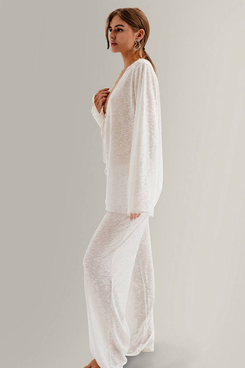 CWSPJ0173_KNITTED LACE-UP LONG SLEEVE PANTS PAJAMA SET