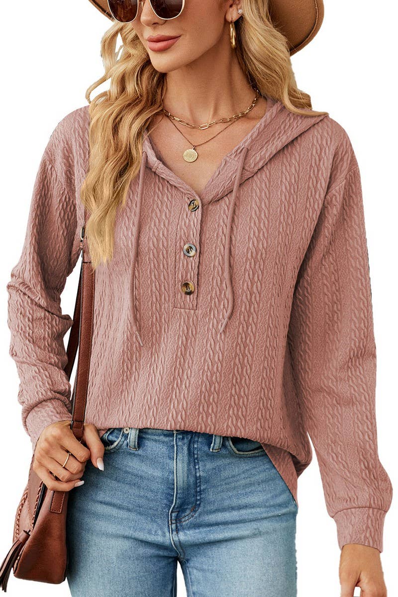 CWOHOL0475_Casual V-Neck Hoodie Long Sleeve Top