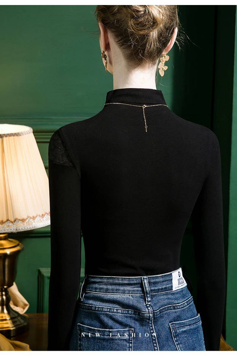 CWTBLL2513_HALF TURTLENECK LACE PATCHWORK BOTTOMING SHIRT