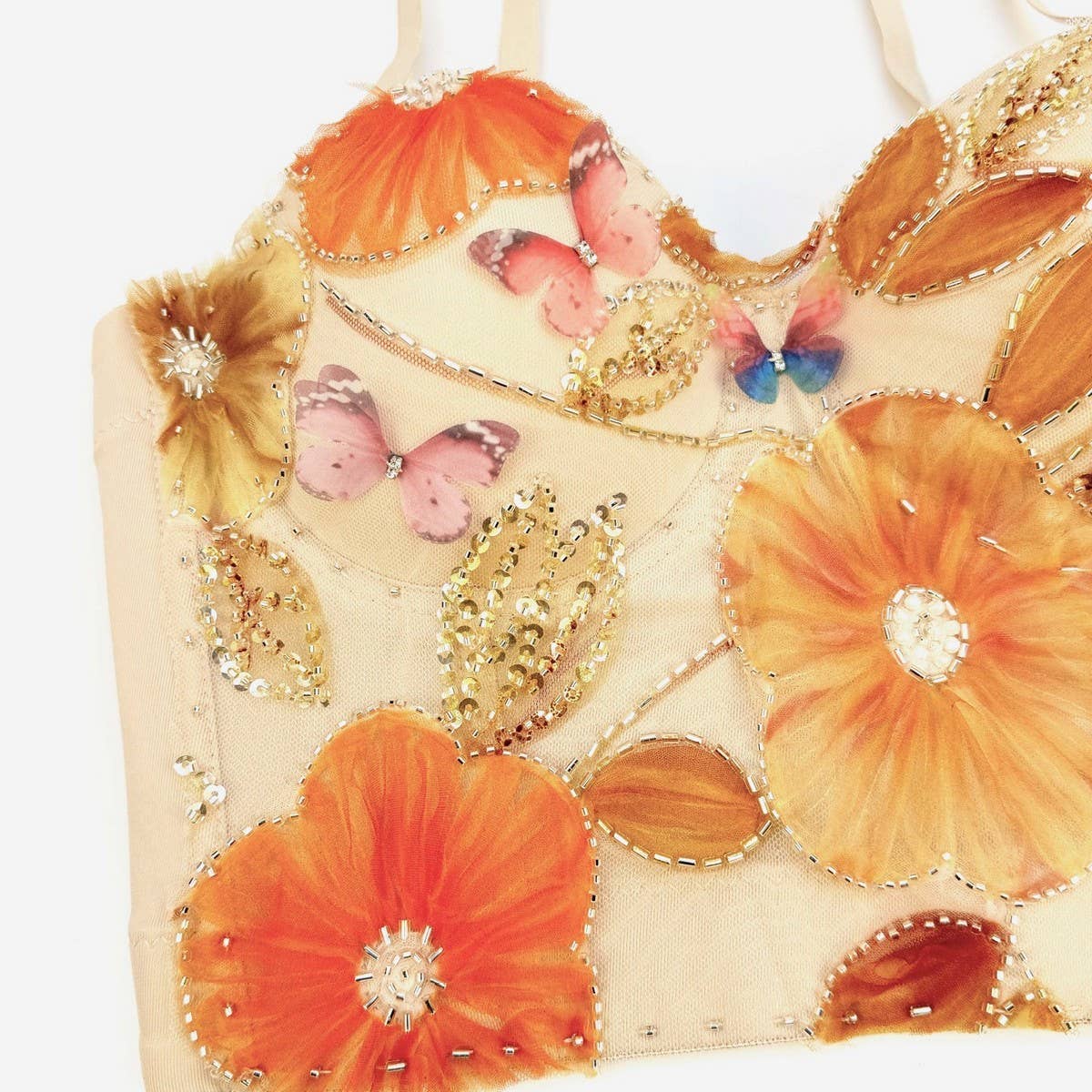 PINK FLORAL EMBROIDERED HERRINGBONE CORSET_CWMM4151