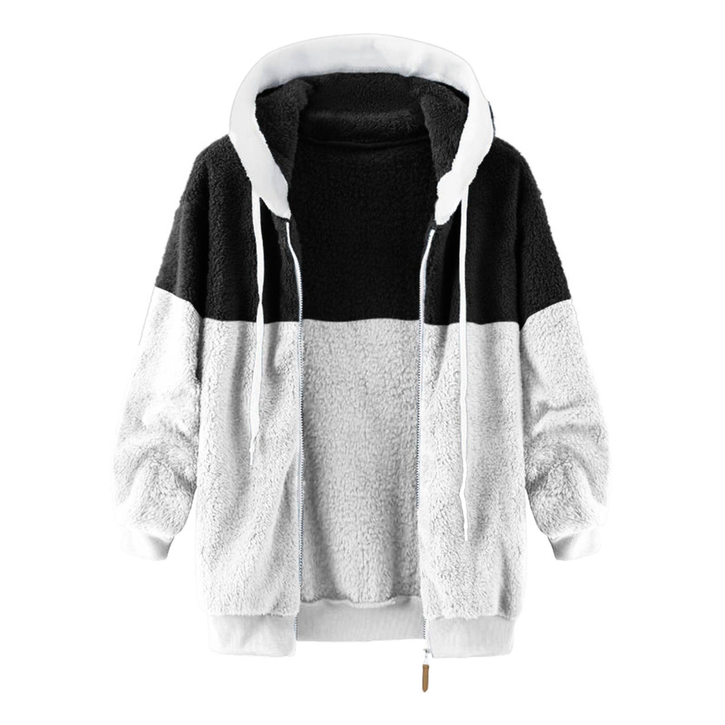 Fleece patchwork zipper pocket hooded loose jacket