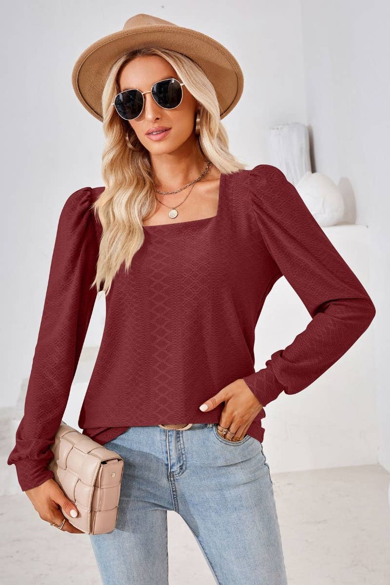 CWTBLL2798_AUTUMN SQUARE NECK JACQUARD LONG-SLEEVED TOP