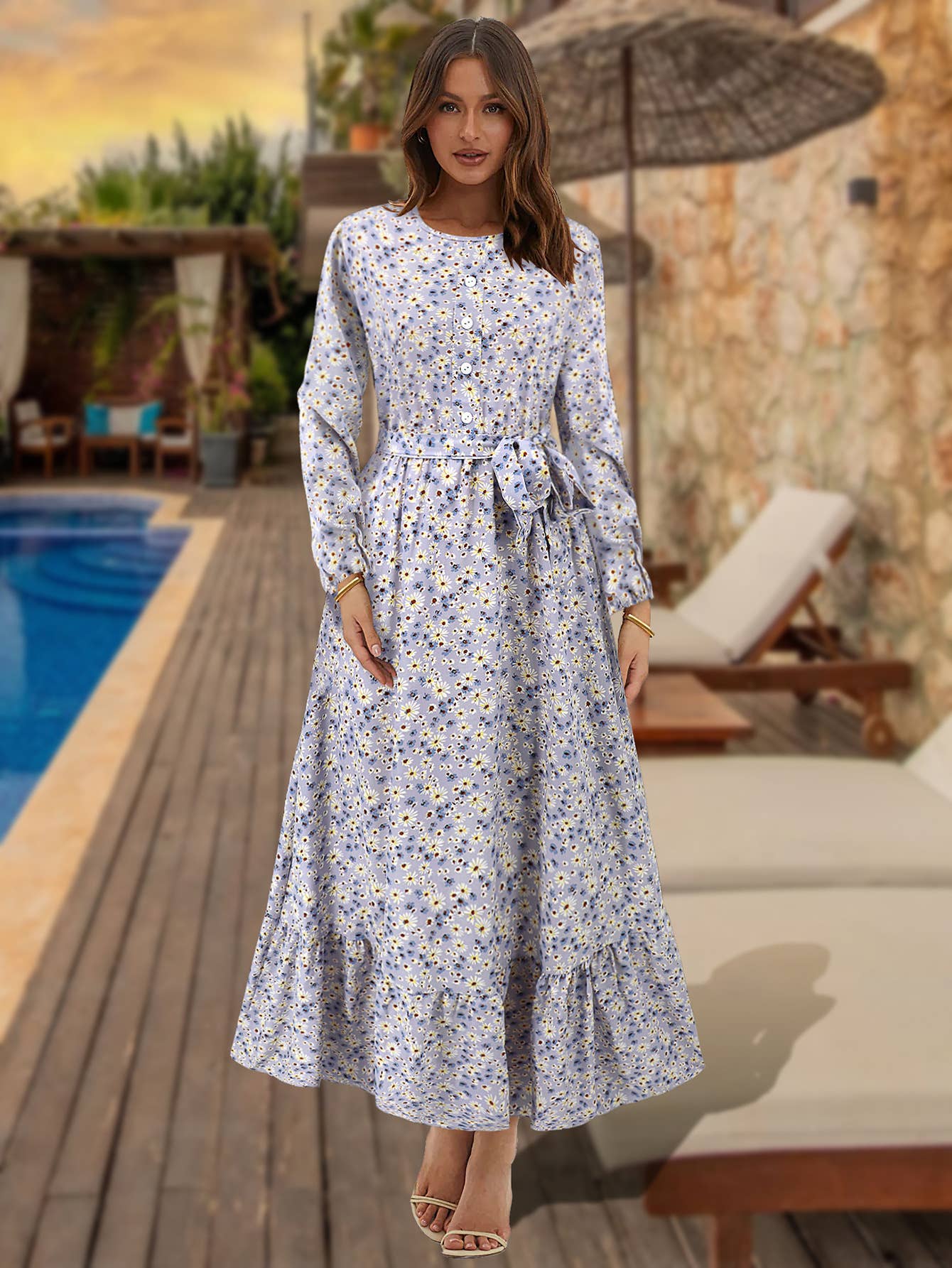 Button-Down Floral Long Beach Dress