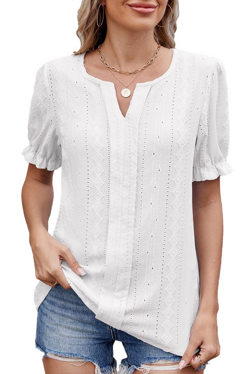 CWTBLS1727_SOLID COLOR V-NECK LOOSE PUFF SLEEVE JACQUARD TOP