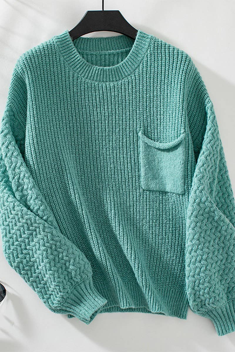 CWOSWL2838_SOLID COLOR POCKET ROUND NECK LONG SLEEVE SWEATER