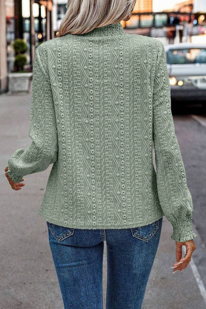 CWTBLL4008_JACQUARD RUCHED CREW NECK LONG SLEEVE TOP