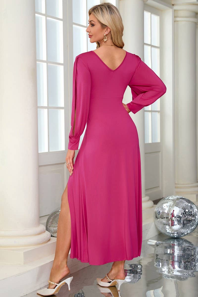CWDMD3998_SOLID COLOR V-NECK LONG SLEEVE SLIT LONG DRESS
