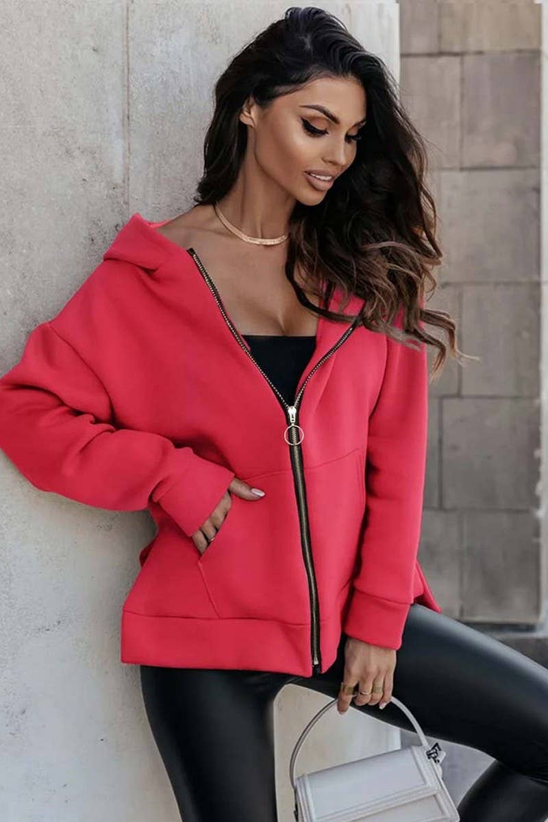 CWOCO0934_SOLID COLOR ZIPPER HOODED CARDIGAN SWEATSHIRT