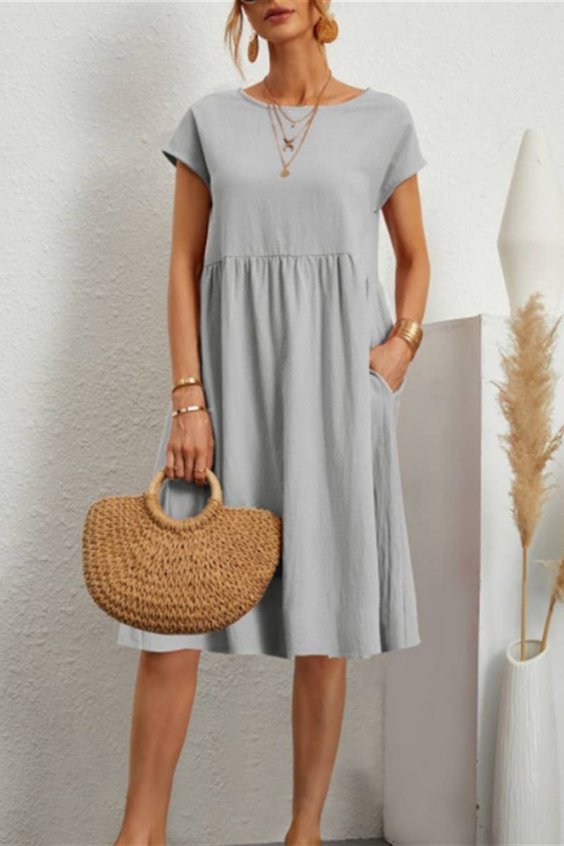 CWDSD7975_SUMMER TEMPERAMENT ROUND NECK A-LINE LOOSE DRESS