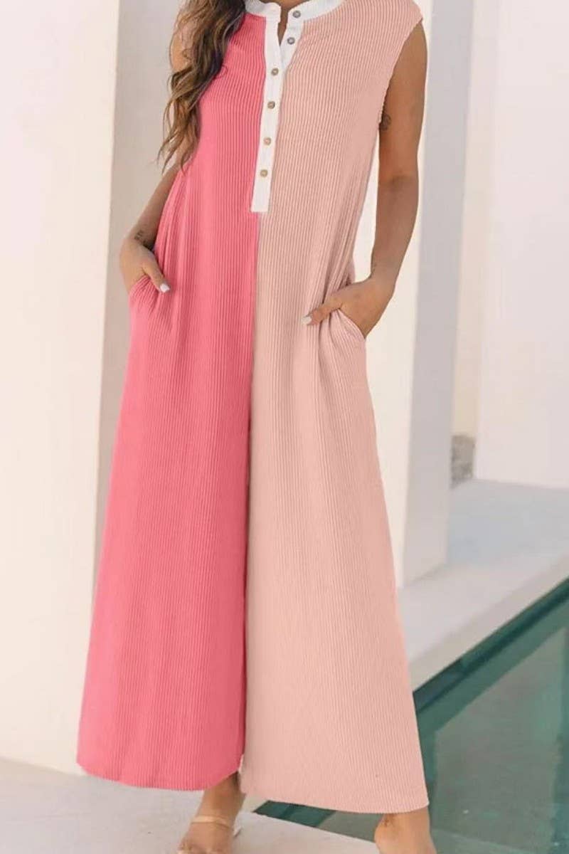 CWSJS1694_COLORBLOCK SLEEVELESS LOOSE FIT CASUAL JUMPSUIT