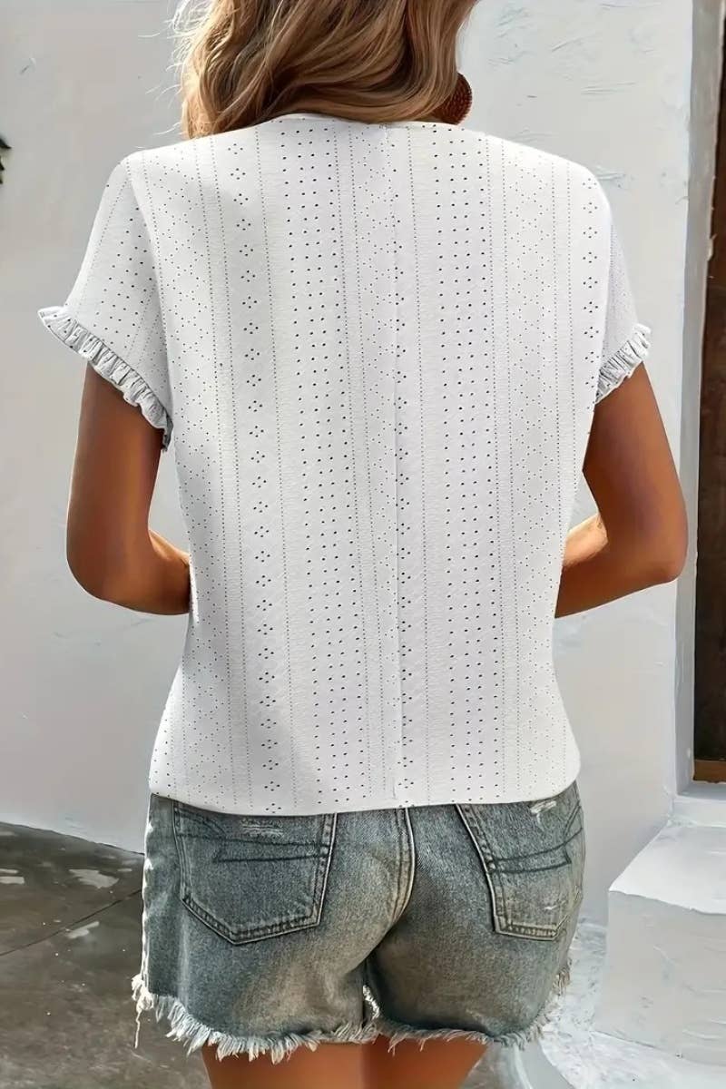 CWTBLS0766_PEPLUM CUT-OUT ROUND NECK SHORT-SLEEVED TOP