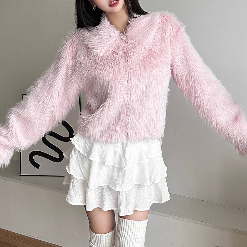 FLUFFY CARDIGAN LAPEL BAGGY WARM JACKET