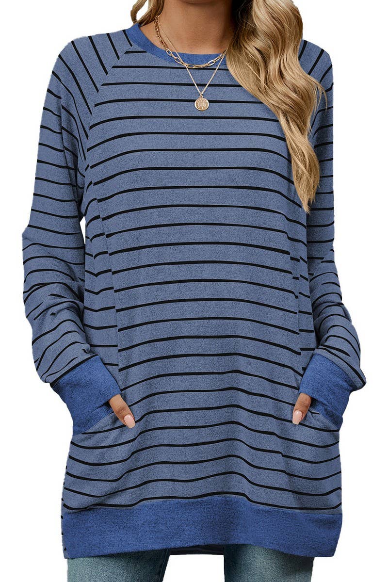 CWTBLL1217_STRIPED CONTRAST POCKET MID-LENGTH SWEATSHIRT