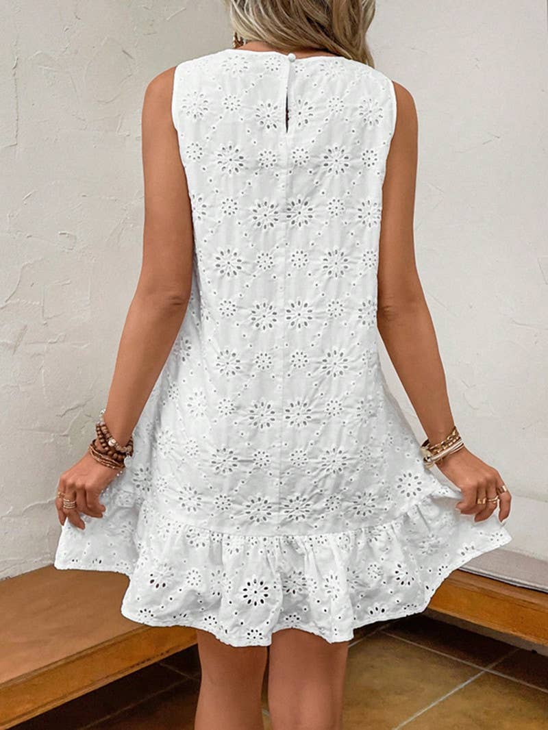 CWDSD8198_WHITE EMBROIDERED CREWNECK TANK DRESS