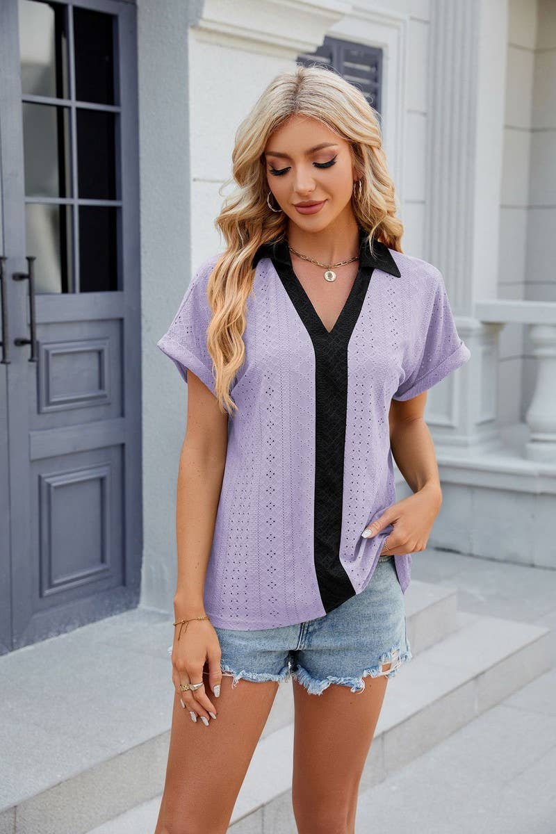 CWTTS0832_V-Neck Short Sleeve Knit Top
