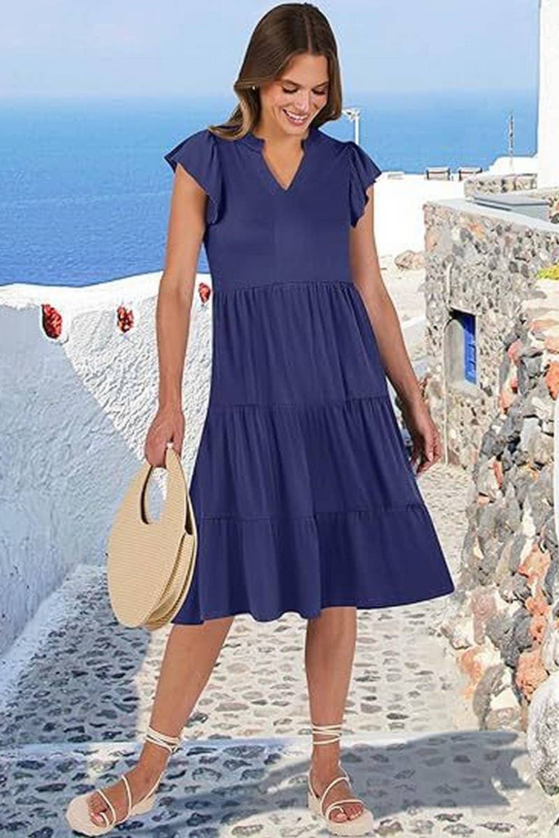 CWDMD6340_V-NECK RUFFLE SLEEVES WIDE POCKET DRESS