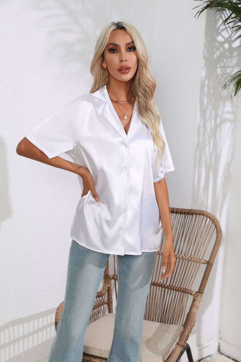 CWTBLS0408_Button Down Silky Satin Short Sleeve Top